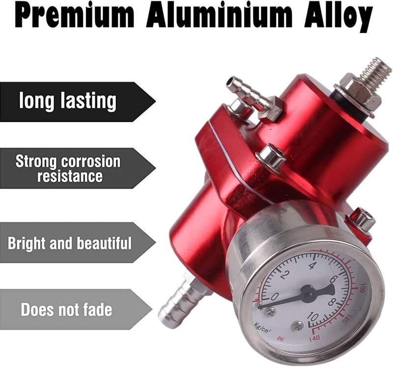 BARTOO Universal Adjustable Fuel Pressure Regulator Kit, Aluminum Fuel Regulator,Adjustable Gas Oil Injection Pressure Regulator with 0-140 PSI Gauge -Red - Image 2
